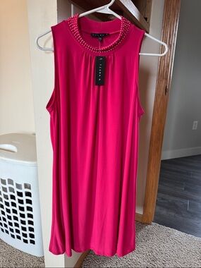 Tiana B. Hot Pink Sleeveless Beaded Neckline Shift Dress